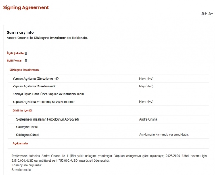 官方：奥纳纳租借土超的年薪351万美元，签字费175.5万美元